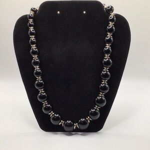 Black Beaded Necklace with Silver Tone Spacers